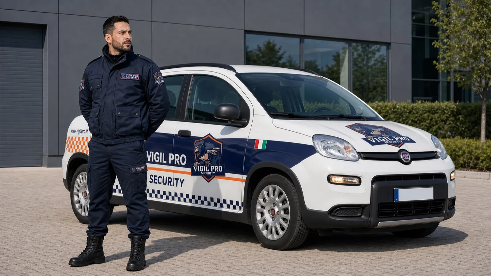 Operatore di vigilanza Vigil Pro Security accanto all'auto di servizio logata, sede operativa Milano