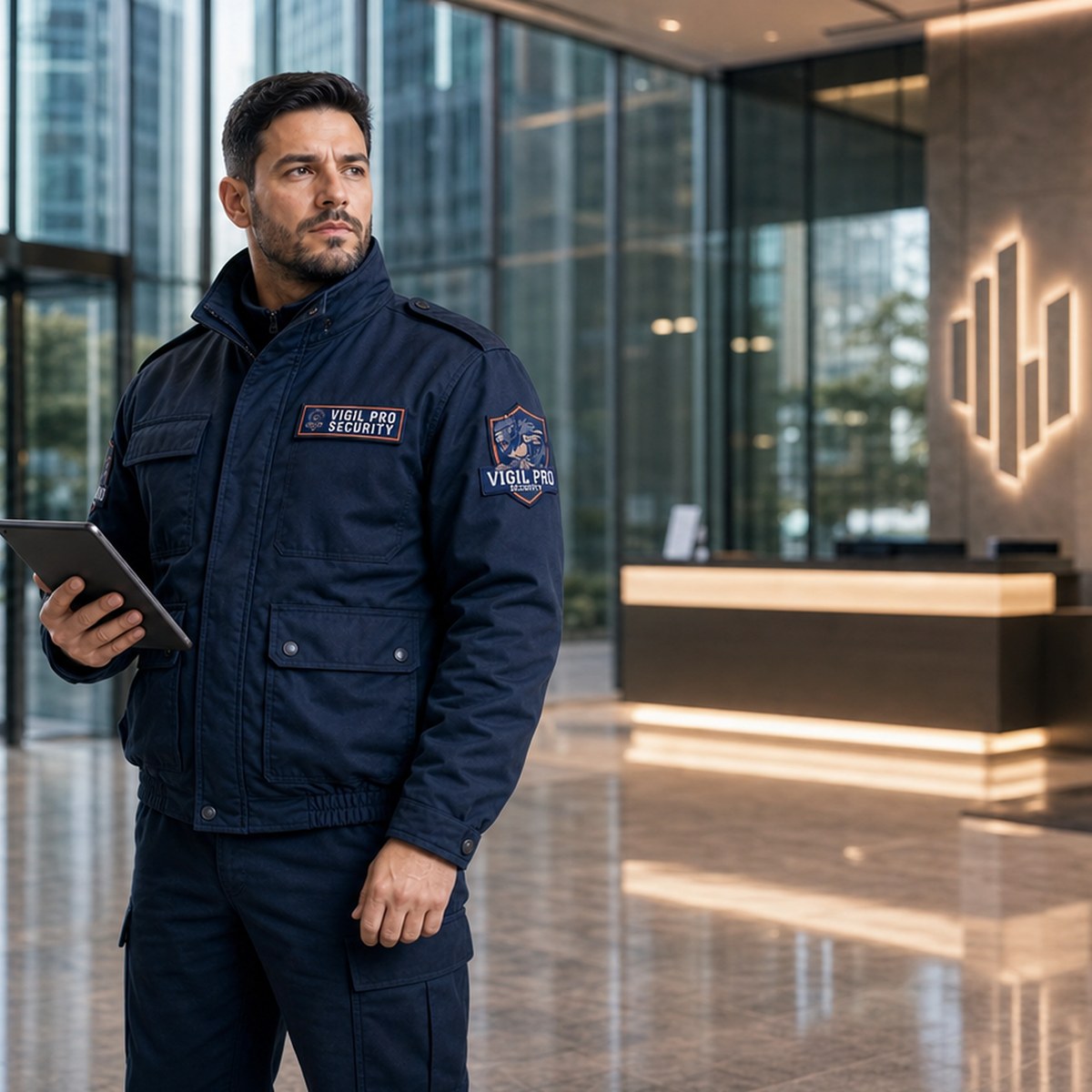 Addetto antincendio Vigil Pro in lobby aziendale con tablet