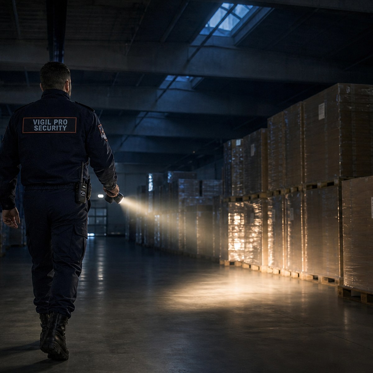 Addetto antincendio Vigil Pro in ronda notturna magazzino industriale