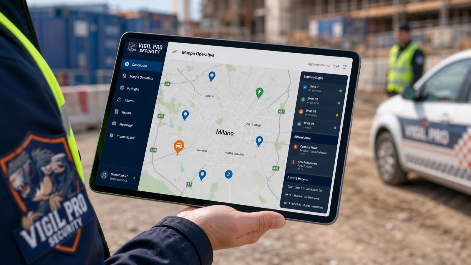 App cliente Vigil Pro Security con mappa operativa Milano e geolocalizzazione delle ronde su tablet, reportistica digitale in tempo reale
