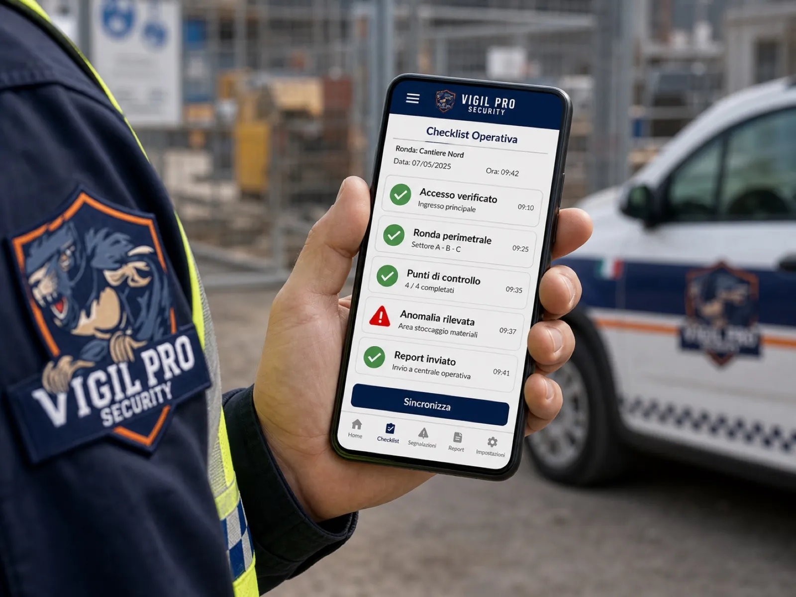 Checklist operativa cantiere nell'app cliente Vigil Pro Security su smartphone, con foto timestamp e geolocalizzazione