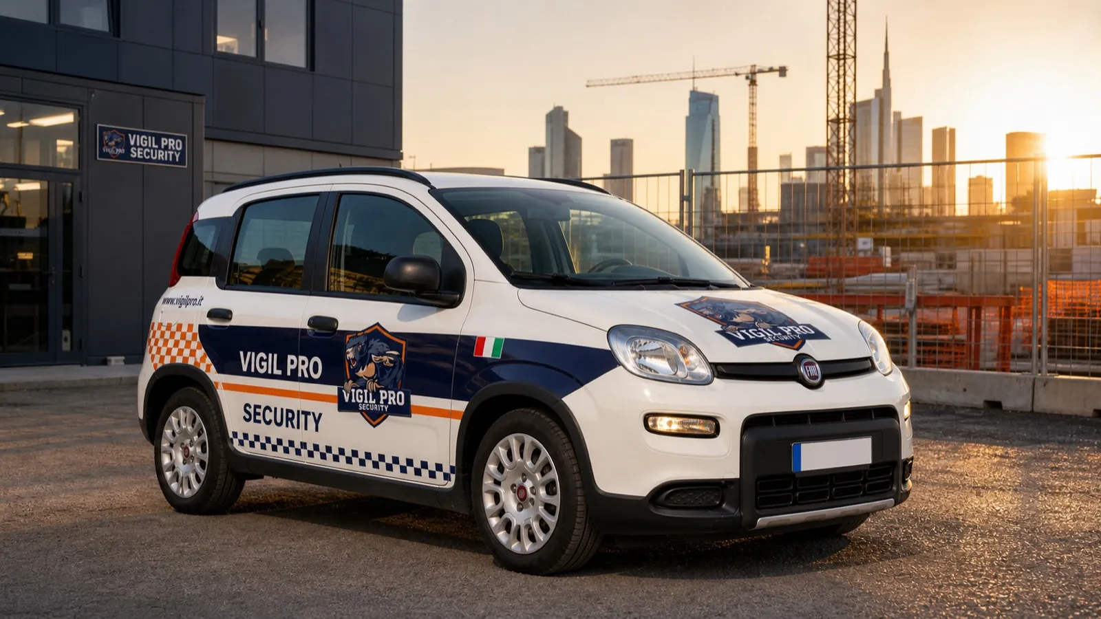 Auto di servizio Vigil Pro Security logata con skyline di Milano sullo sfondo, hub principale a Cernusco sul Naviglio