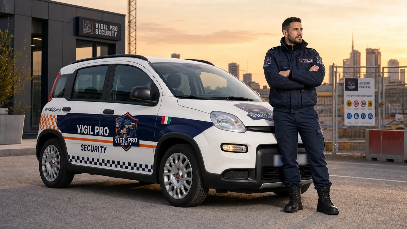 Operatore Vigil Pro Security al piantonamento fisso accanto all'auto di servizio logata, area metropolitana di Milano