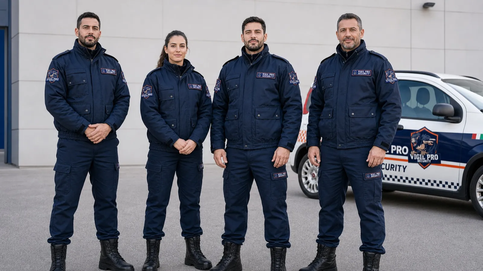 Team di operatori Vigil Pro Security in divisa, formazione certificata, operativi in tutta la Lombardia, CCNL Vigilanza Privata Sez. B