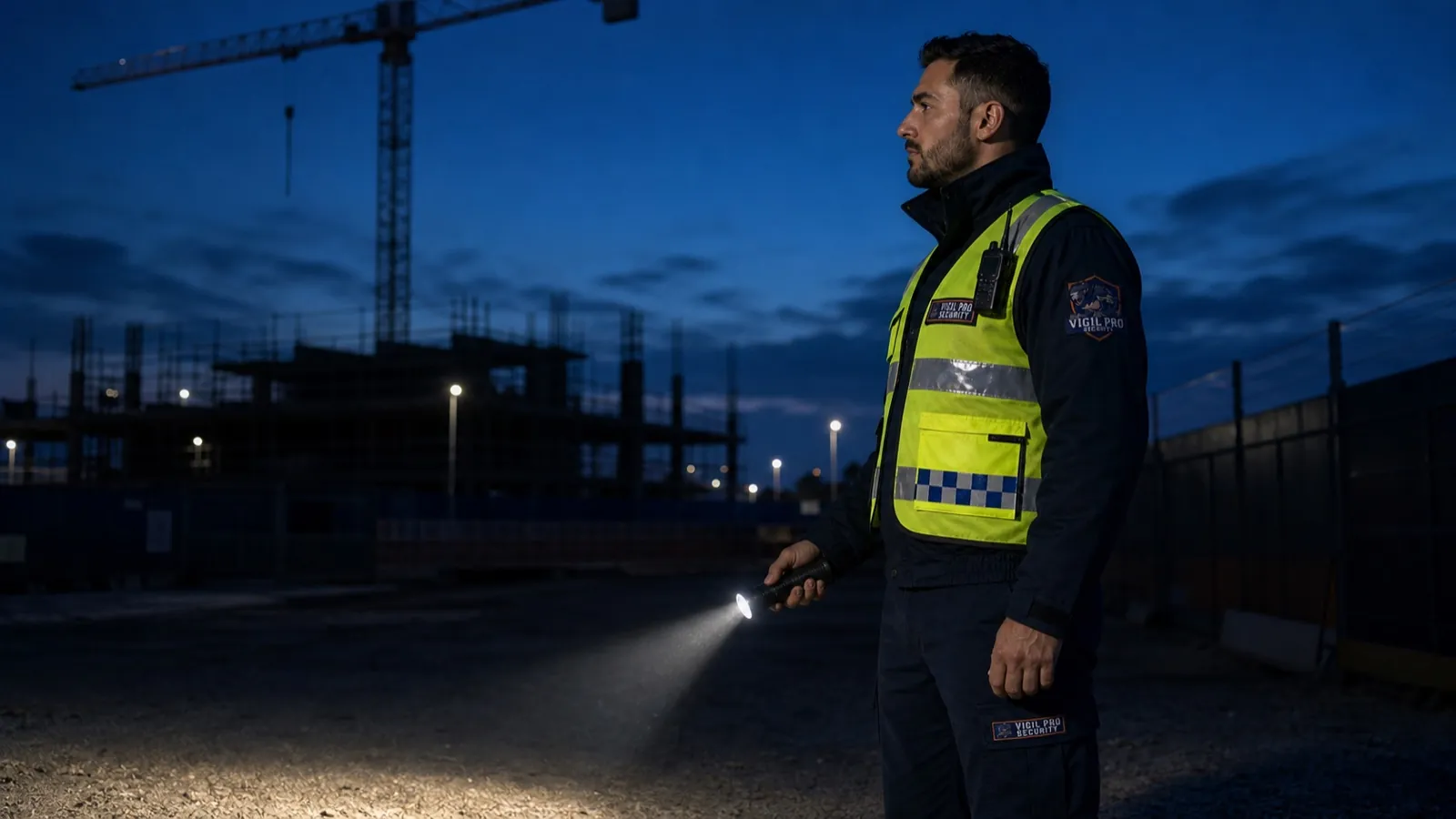 Operatore Vigil Pro Security in servizio notturno con torcia al cantiere, vigilanza non armata in Lombardia