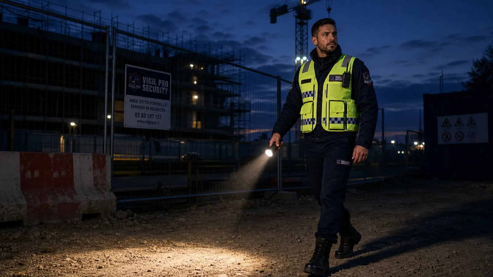 Ronda ispettiva notturna di Vigil Pro Security al cantiere edile in Lombardia, gilet alta visibilità e torcia