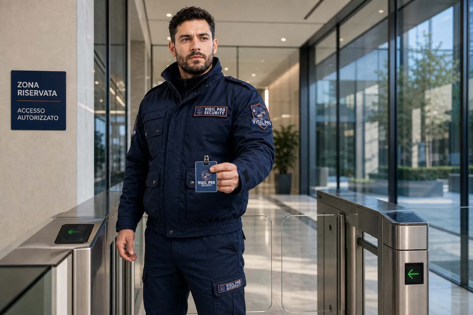 Operatore Vigil Pro Security al varco di un edificio terziario con badge di identificazione, controllo accessi GDPR-compliant
