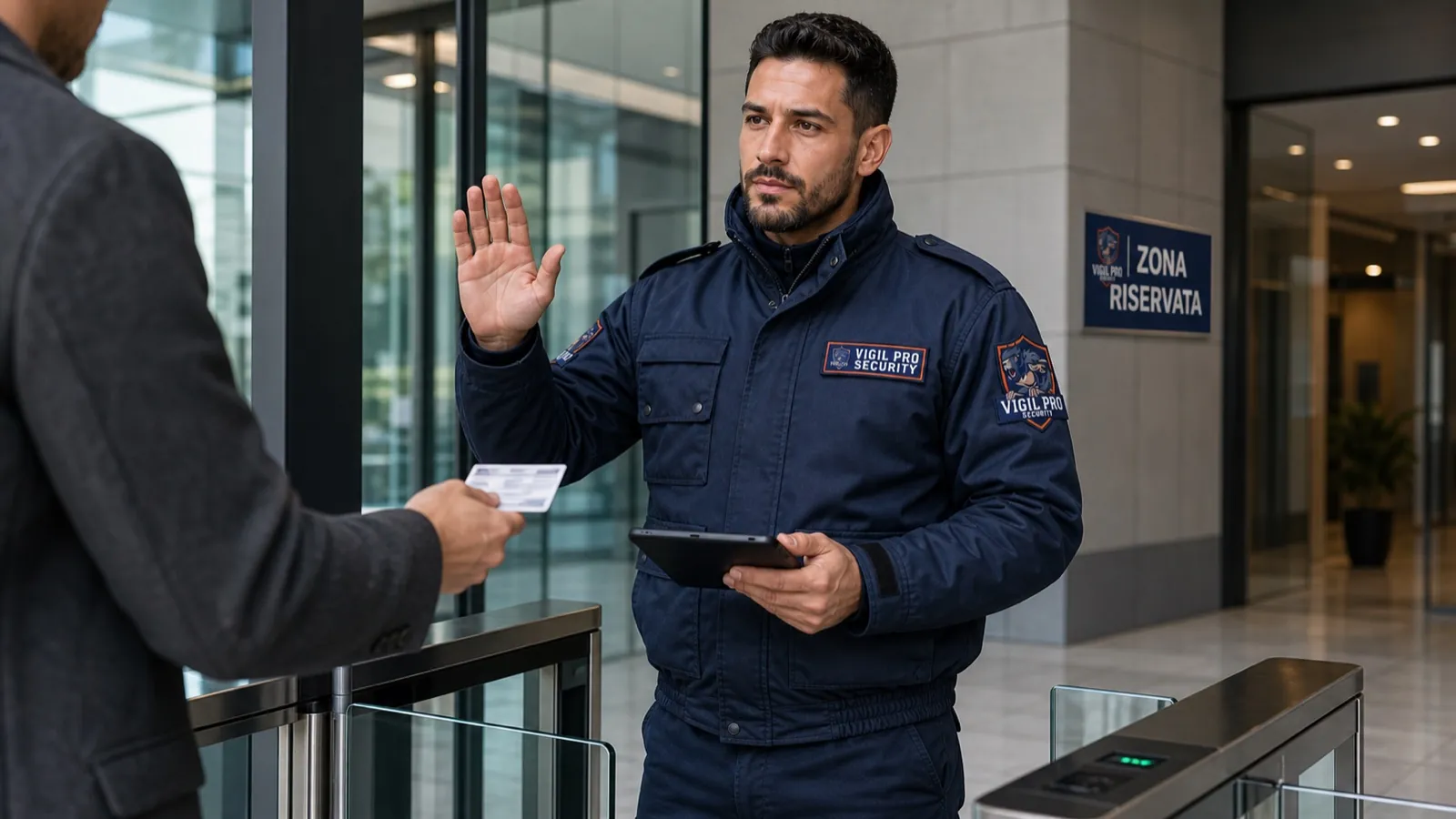 Operatore Vigil Pro Security identifica un visitatore al varco di un edificio aziendale, registro accessi GDPR