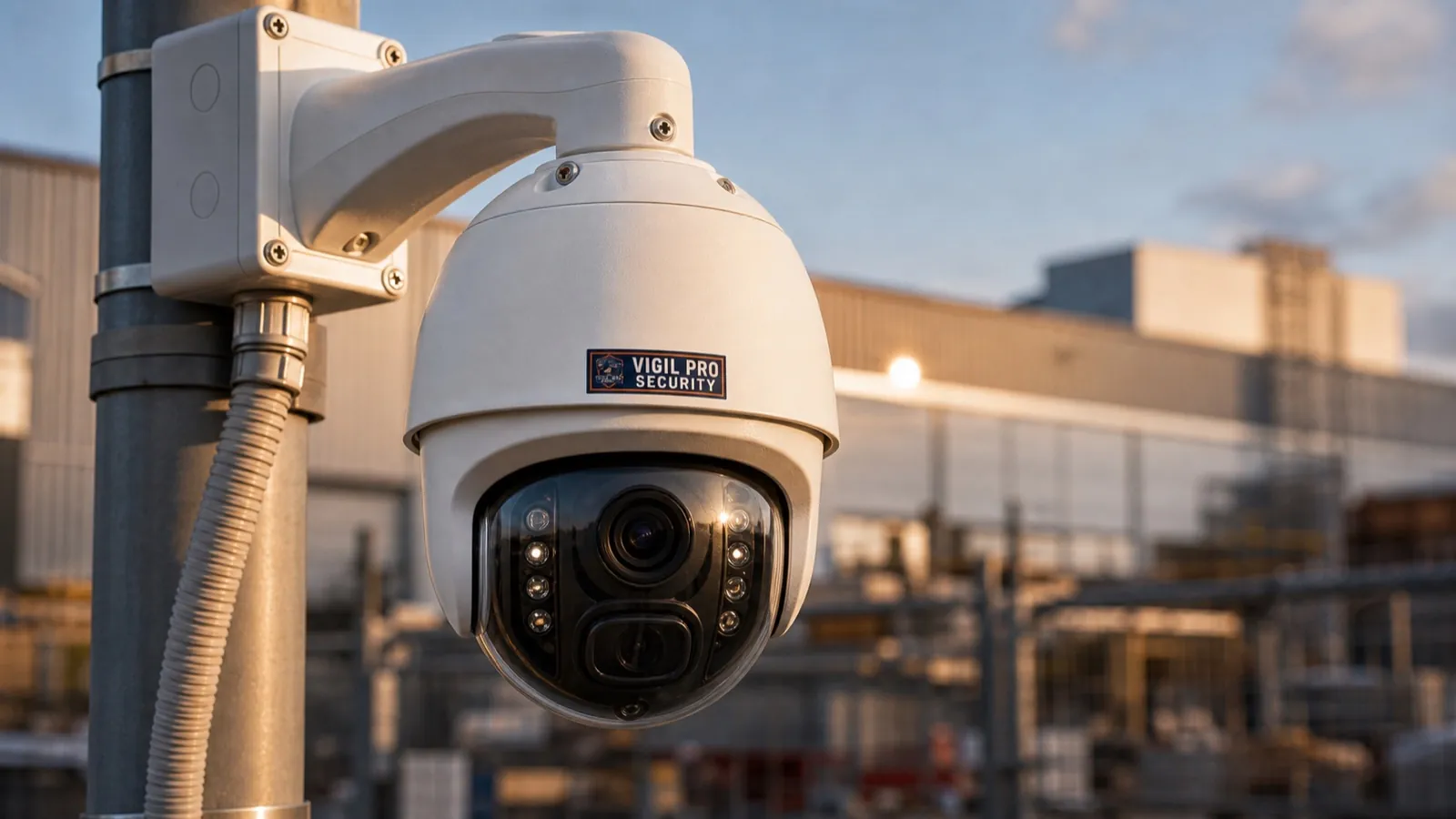 Telecamera CCTV dome professionale Vigil Pro Security installata su palo industriale a un cantiere, videosorveglianza con visione notturna IR, conformità GDPR