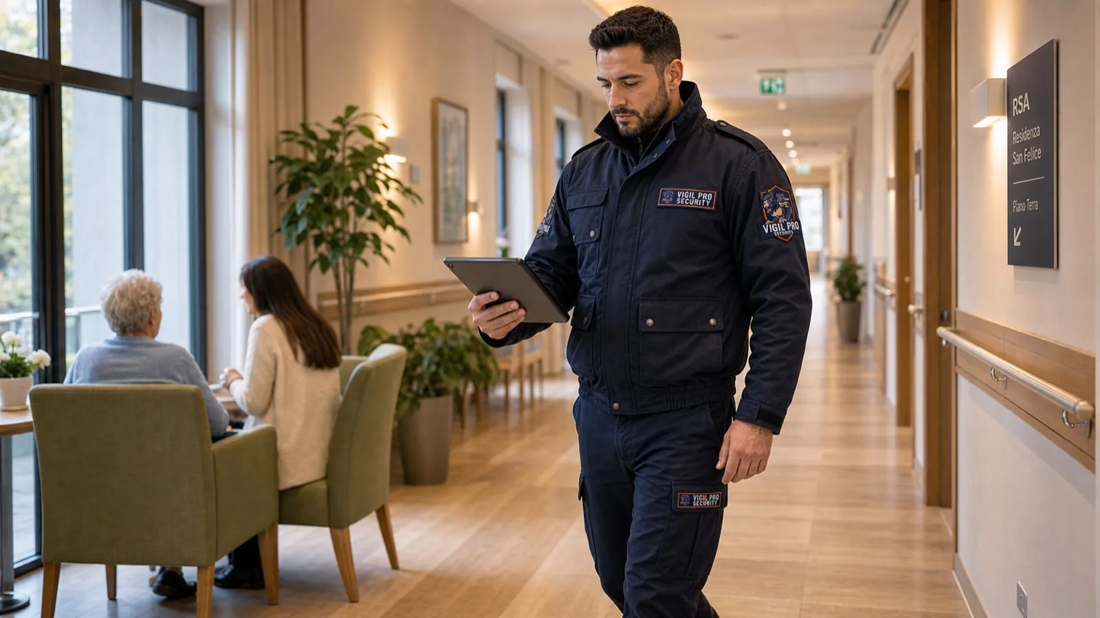 Operatore Vigil Pro Security in servizio in una struttura RSA in Lombardia, app cliente per verifiche di ronda nei corridoi, atmosfera professionale e discreta