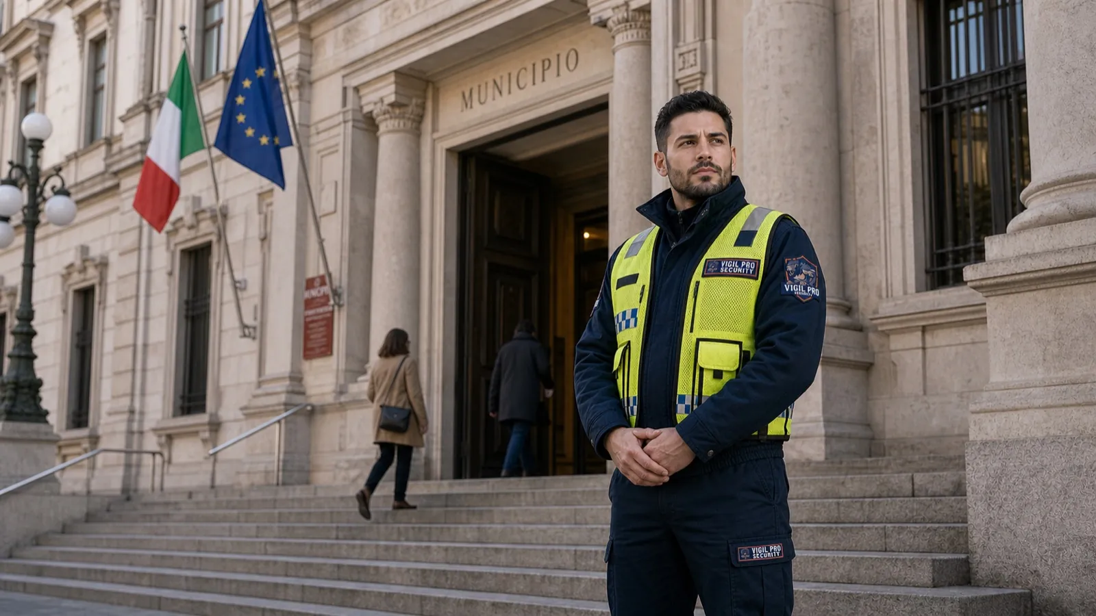 Operatore Vigil Pro Security in servizio davanti al Municipio di un comune lombardo, vigilanza per la Pubblica Amministrazione, bandiere italiana ed europea