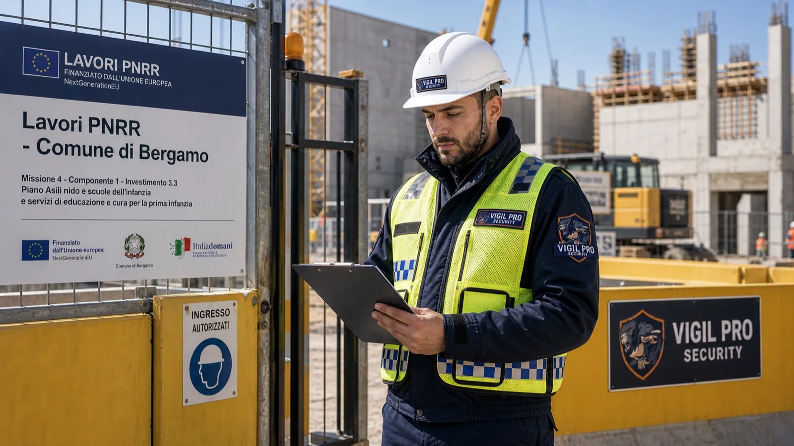 Operatore Vigil Pro Security al cantiere PNRR del Comune di Bergamo con tablet e casco, presidio sui cantieri di opere pubbliche finanziate dal Piano Nazionale di Ripresa e Resilienza