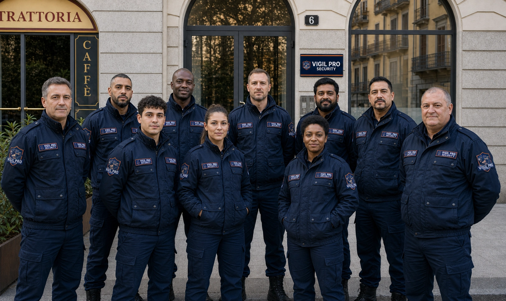 Team Vigil Pro Security composto da 10 operatori in divisa blu navy davanti alla sede legale di Piazza Santo Stefano 6, Milano - vigilanza privata Milano e Lombardia