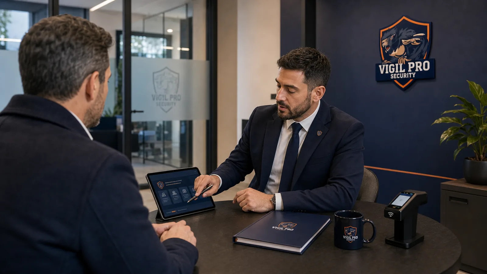 Incontro tra executive Vigil Pro Security e cliente B2B alla sede di Milano, presentazione dashboard su tablet, logo Vigil Pro Security sullo sfondo
