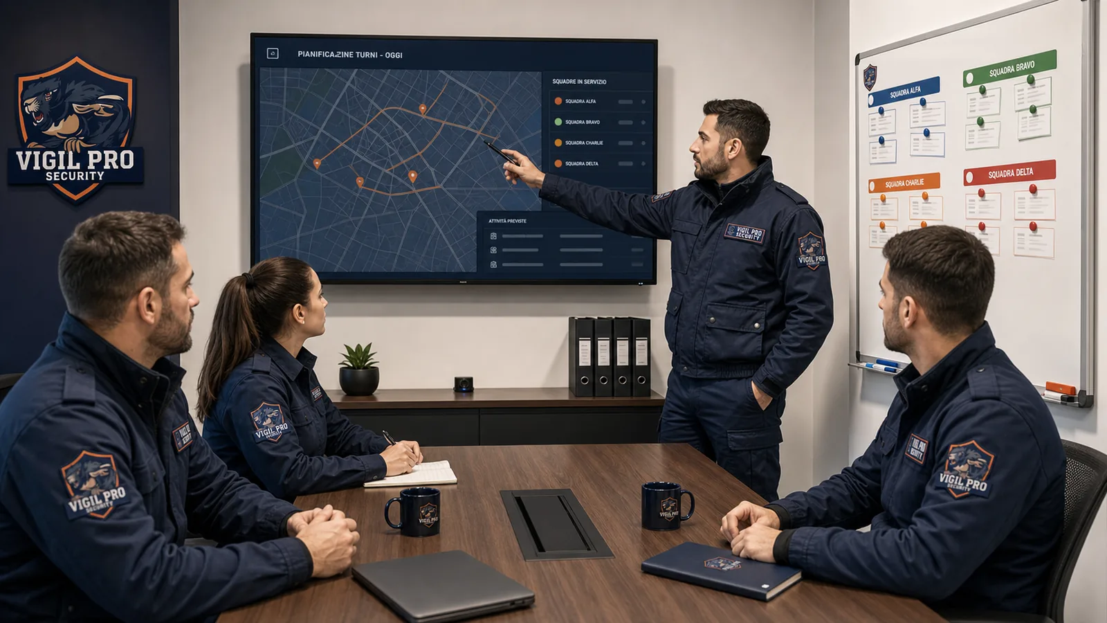 Meeting del team Vigil Pro Security Milano con quattro operatori e formatore davanti a presentazione Pianificazione Turni con mappa operativa