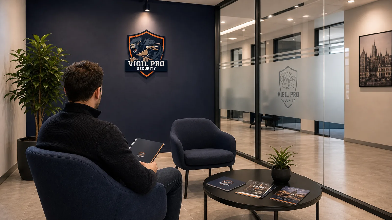 Sala attesa per i clienti Vigil Pro Security a Milano con poltrone navy, quadro del Duomo di Milano, logo Vigil Pro sulla parete e tavolino con cataloghi servizi
