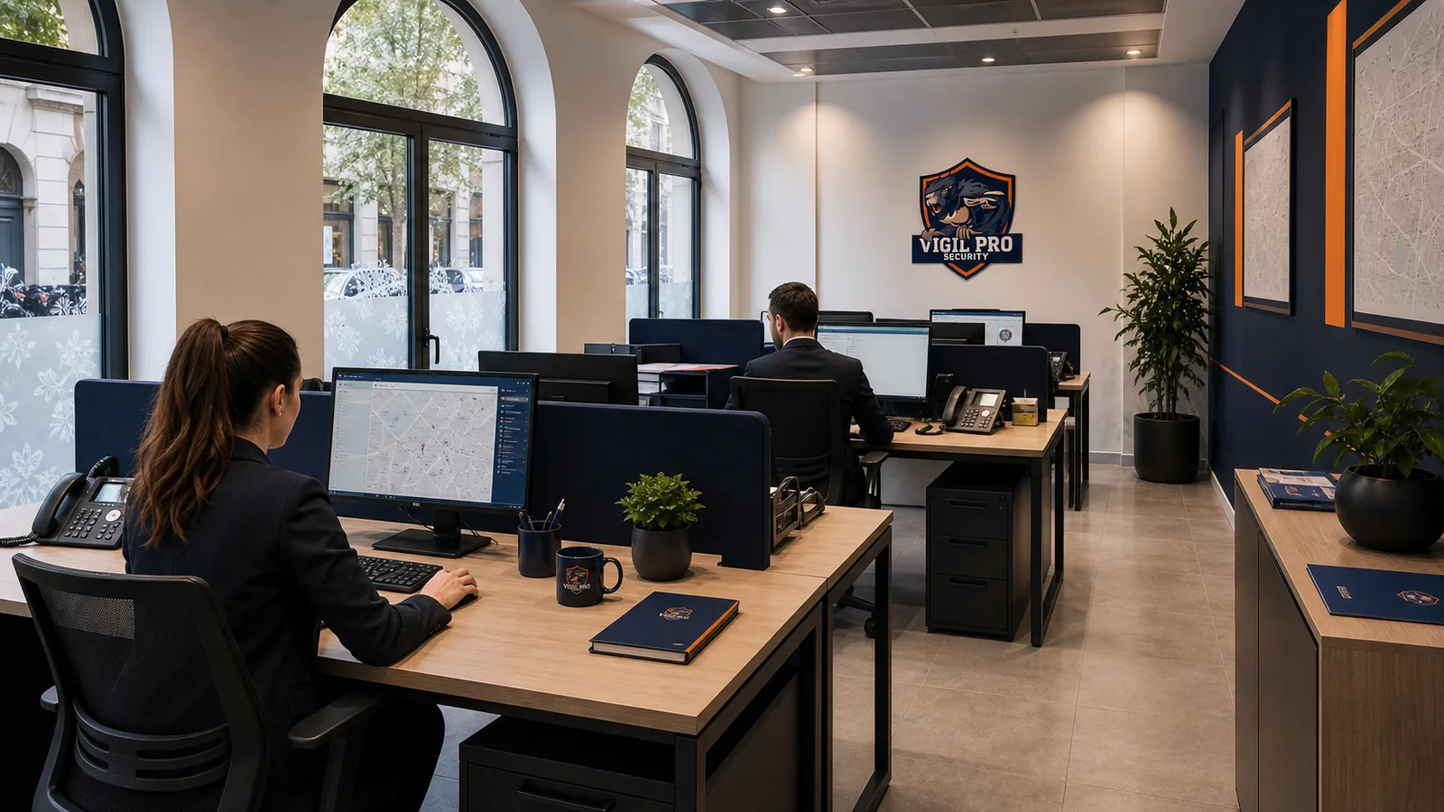 Open space operativo Vigil Pro Security a Milano con due operatori al lavoro davanti ai computer, dashboard mappa, logo aziendale e finestre ad arco con vista interna