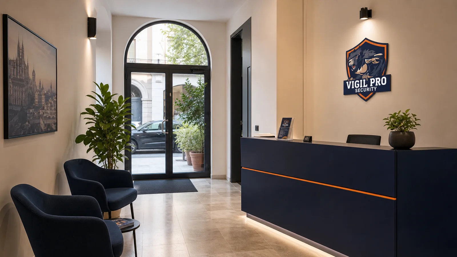 Reception della sede Vigil Pro Security a Milano con banco navy e barra arancione, logo Vigil Pro Security sulla parete, quadro del Duomo di Milano e arco vetrato di ingresso