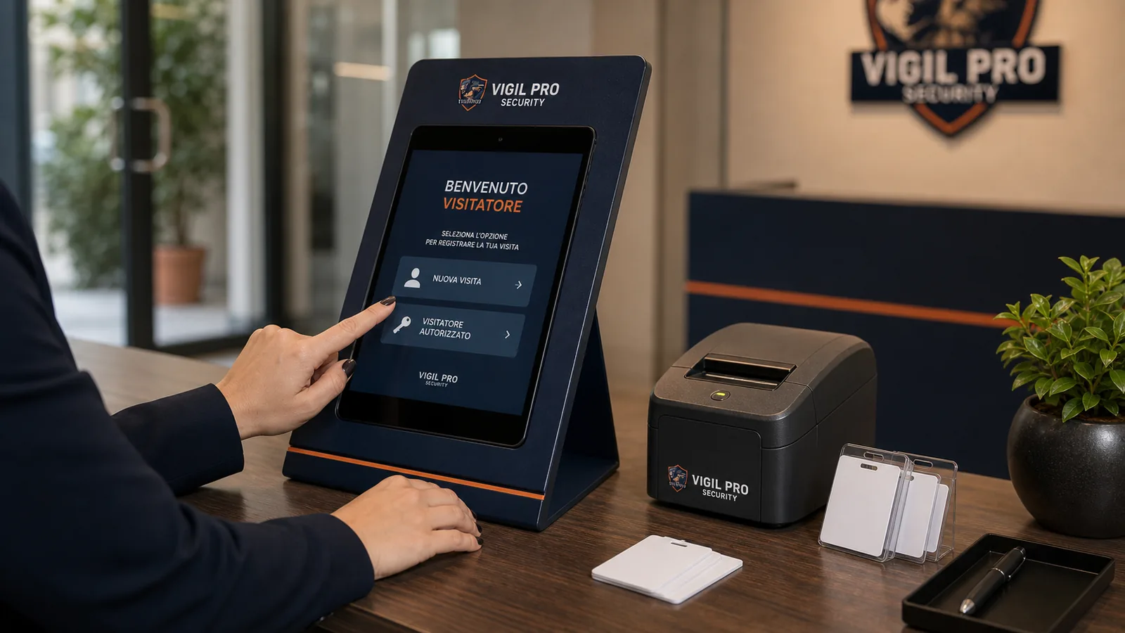Totem di benvenuto per visitatori Vigil Pro Security Milano con tablet di registrazione visitatori GDPR-compliant e stampante badge automatica