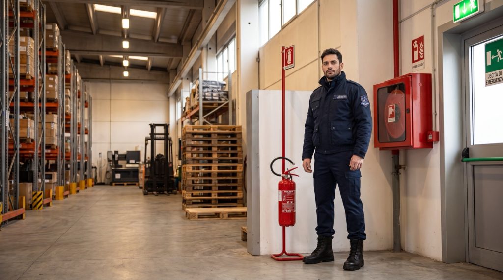 Addetto antincendio Vigil Pro Security in divisa in un magazzino industriale, accanto a estintore e idrante