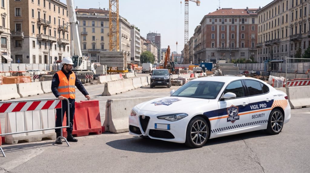 Operatore Vigil Pro Security gestisce accessi e traffico a un cantiere PNRR a Milano con auto Alfa Giulia di servizio