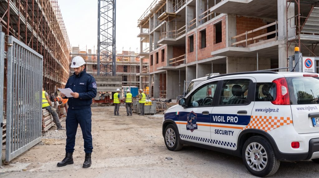 Operatore Vigil Pro Security con auto di servizio Fiat Panda brandizzata al varco di un cantiere a Milano